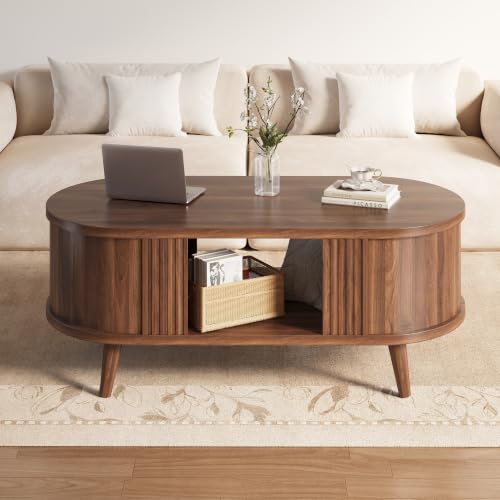 47.2 Inch Oval Fluted Coffee Table with Storage - Walnut, Modern Mid-Century