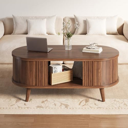 47.2 Inch Oval Fluted Coffee Table with Storage - Walnut, Modern Mid-Century