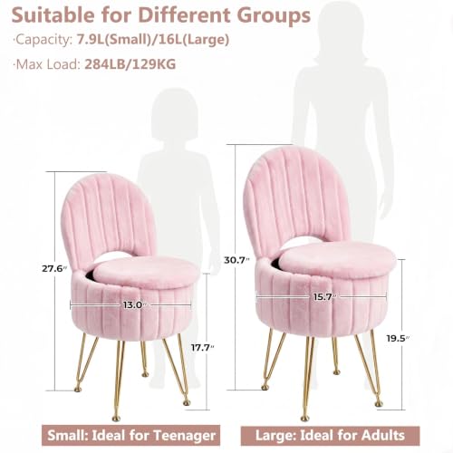 Pink Faux Fur Vanity Stool with Storage and Folding Backrest