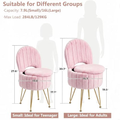 Pink Faux Fur Vanity Stool with Storage and Folding Backrest