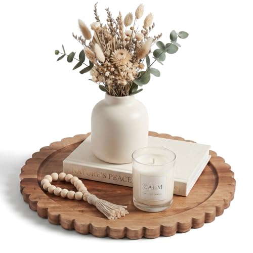 Solid Acacia Wood Decorative Tray - 12 Inch Round Scalloped Centerpiece