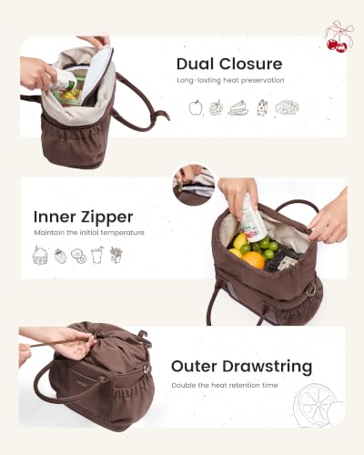 LOVEVOOK Insulated Drawstring Lunch Bag for Women - Brown / 10.5 Inch