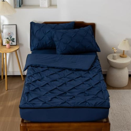 Aimuan Navy Twin Zippered Bedding Set Pinch Pleated Comforter & Fitted Sheet