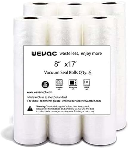 Wevac Vacuum Sealer Bags 8x16' Rolls 6 pack for Food Saver, Seal a Meal, Weston. Commercial Grade, BPA Free, Heavy Duty, Great for vac storage, Meal Prep or Sous Vide