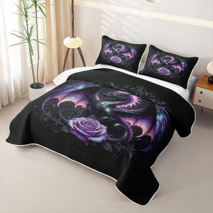 Manfei Purple Feather Dragon Quilt Set Queen Size Dark Purple Bedding with Pillow Shams