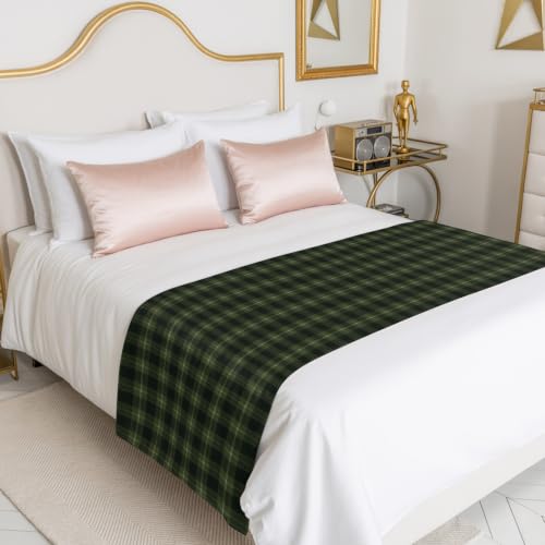 94x20 Inch King Size Satin Bed Runner Scarf - Green Black Buffalo Plaid Checkered