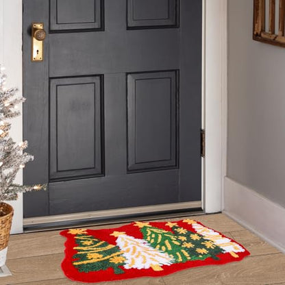 Christmas Bath Mat with Tree Pattern Non-Slip Microfiber Rug - Red Green White