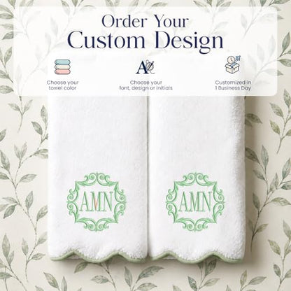 Sage Green Piping Monogrammed Bath Towels Set of 2 - Scallop Edged Cotton