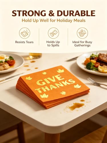 Thanksgiving Napkins Gold Foil 50 Pack - 5x5 Inch Holiday Tableware