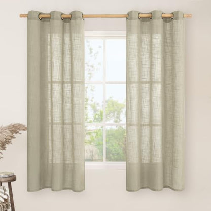 Linen Sheer Curtains 34x63 Inch Set - Oatmeal Textured Window Drapes with Grommets