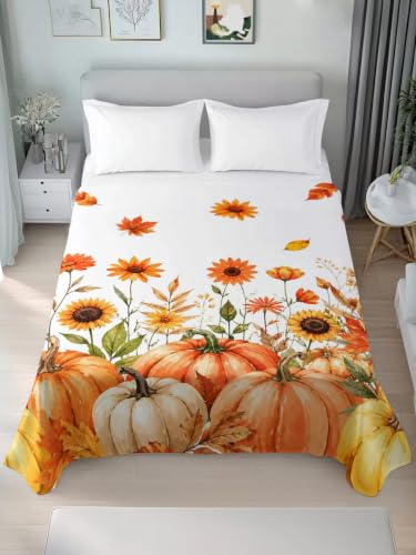 Cal King Size Flat Sheet with Pumpkin Sunflower Maple Leaf Design Orange - Microfiber Breathable Bedding