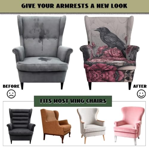 Gothic Raven Rose Wingback Armchair Cover - Stretch Slipcover for Dining Room