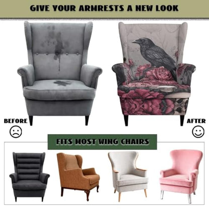 Gothic Raven Rose Wingback Armchair Cover - Stretch Slipcover for Dining Room