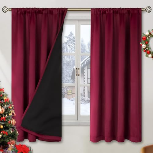 Burgundy Red Blackout Curtains for Bedroom 63 Inch Length - 2 Panels
