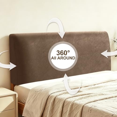 Queen Leather Look Bed Headboard Cover - Brown Stretch Slipcover - Tj-01brown