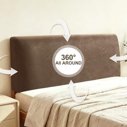 Queen Leather Look Bed Headboard Cover - Brown Stretch Slipcover - Tj-01brown