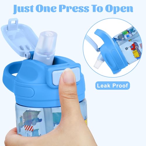 Kids Water Bottle with Straw 16.2oz BPA-Free Tritan Plastic - Blue Car & Green Dinosaur 2 Pack