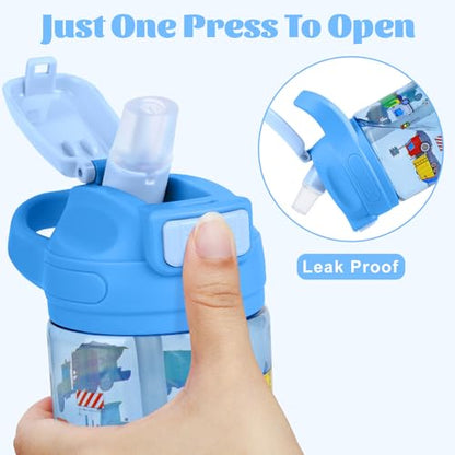 Kids Water Bottle with Straw 16.2oz BPA-Free Tritan Plastic - Blue Car & Green Dinosaur 2 Pack