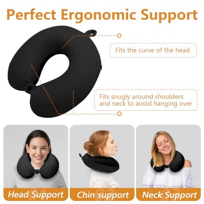 Travel Neck Pillow Memory Foam U Shape Airplane Pillow for Adults - Black