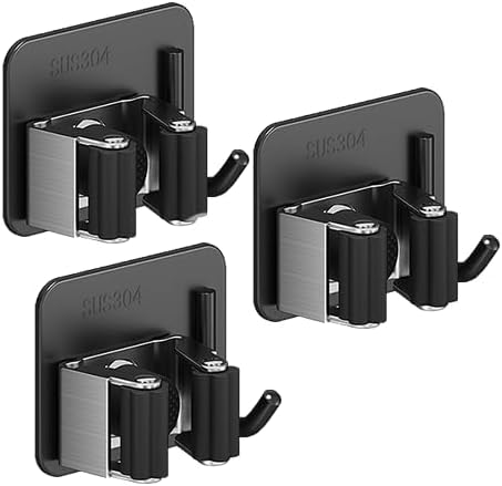 Skiennix Broom Holder Wall Mount - 3-Piece Mop and Garden Tool Organizer - Durable 304 Stainless Steel (Black)