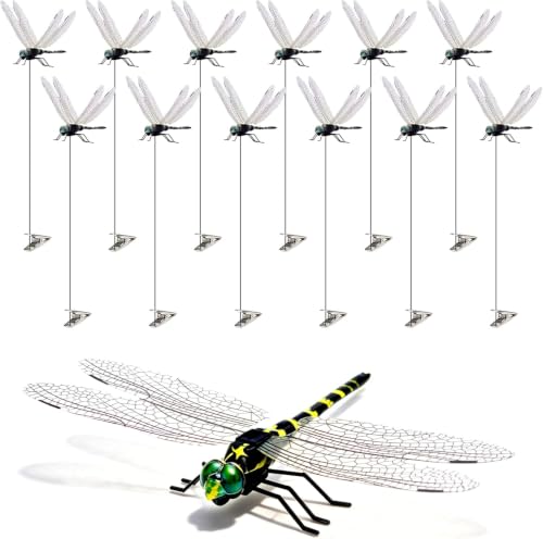 12 Pack Realistic 3D Dragonfly Garden Clips - Decorative Yard & Outdoor Decor