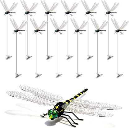 12 Pack Realistic 3D Dragonfly Garden Clips - Decorative Yard & Outdoor Decor