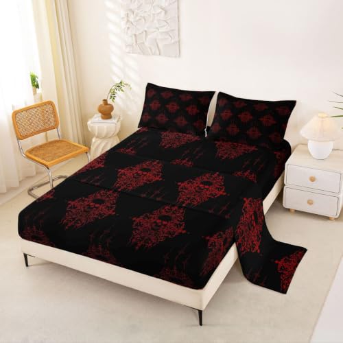 Gothic Skeleton Bed Sheets Set - Full Size Black and Red Victorian Style