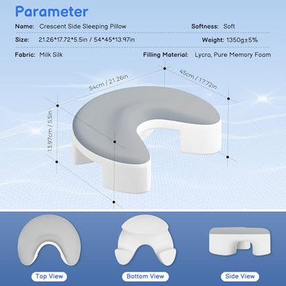 Side Sleeper Pillow with Arm Holes - Memory Foam Ergonomic Support Grey