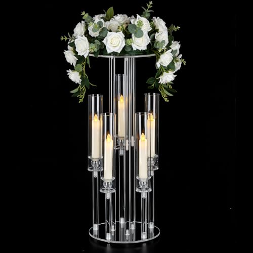 Clear Acrylic Candelabra Centerpiece with Flower Stand - 23.6 Inch, 2-in-1 LED Candle Holder