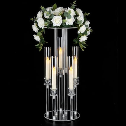 Clear Acrylic Candelabra Centerpiece with Flower Stand - 23.6 Inch, 2-in-1 LED Candle Holder