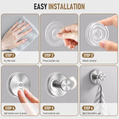 Suction Cup Shower Hooks - Silver 2 Pack No Drill Bathroom Towel & Robe Hangers