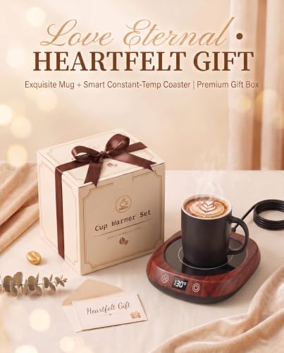Coffee Mug Warmer Set with Temperature Control and LED Display - Walnut 15oz Ceramic Mug Gift