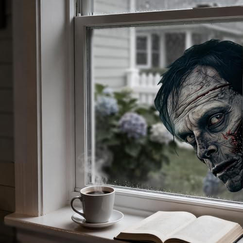 Halloween Zombie Window Clings - Double-Sided Bloody Zombie Face Vinyl Decals, Haunted House Decor - Head 3