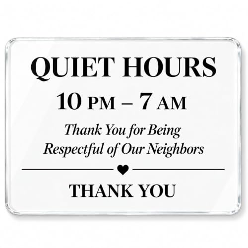 Vacation Rental Quiet Hours Sign - 8 x 6 Inch Acrylic - Clear Adhesive Mount - Defines 10 PM–7 AM Rule