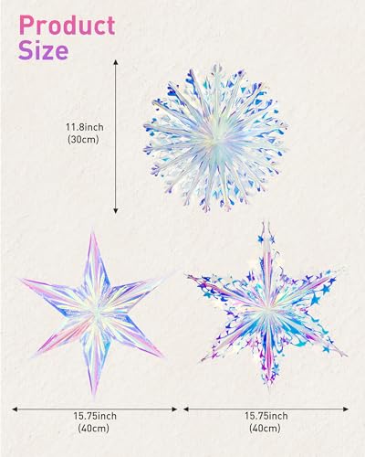 3PCS Iridescent Hanging Ornaments Snowflake Star Garland Decor Set
