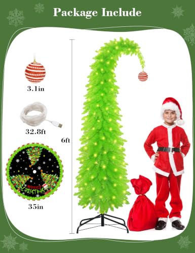6FT Lime Green Christmas Tree with Whimsical Design, Tree Skirt & Red Ornament Set