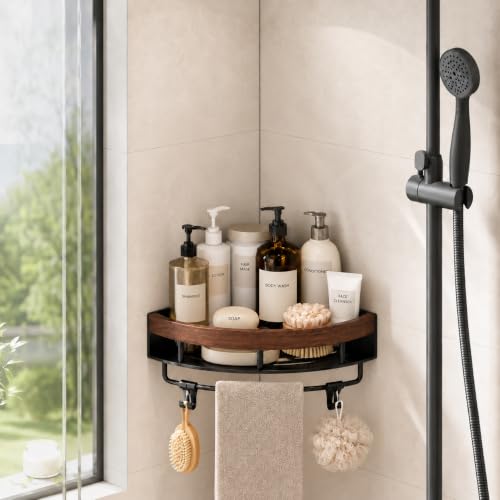 Corner Shower Shelf Walnut Wood & Stainless Steel Caddy - No-Drill Wall Mount