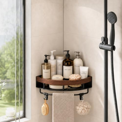 Corner Shower Shelf Walnut Wood & Stainless Steel Caddy - No-Drill Wall Mount
