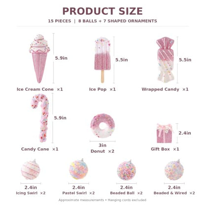 Pink Pastel Christmas Ornaments Set 15PCS Candy Donut & Ice Cream - Medium Variation