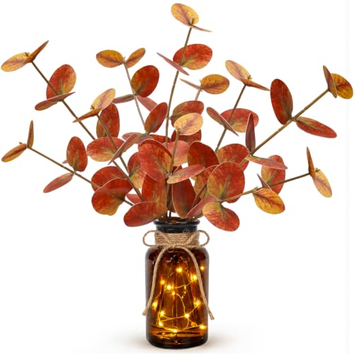 Artificial Eucalyptus in Glass Vase with LED Lights - Orange Fall Decor