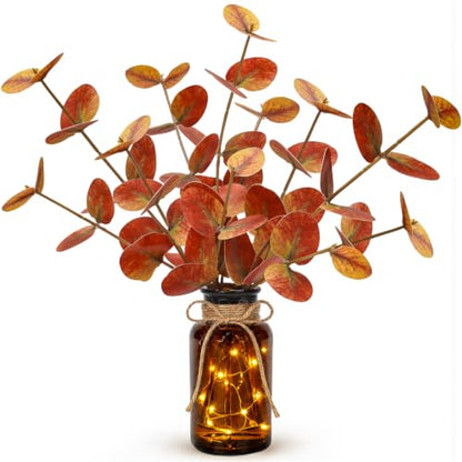 Artificial Eucalyptus in Glass Vase with LED Lights - Orange Fall Decor