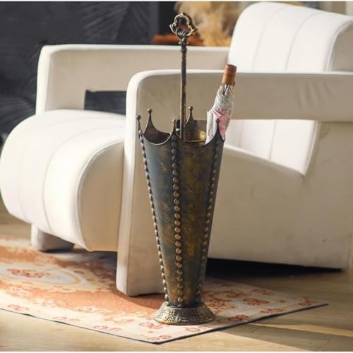 Vintage Metal Umbrella Stand with Crown Design - Rustic Antique Bronze Storage Rack