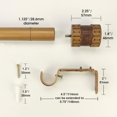 Faux Wood Curtain Rod 72-144 Inch Telescoping Heavy Duty with Finials