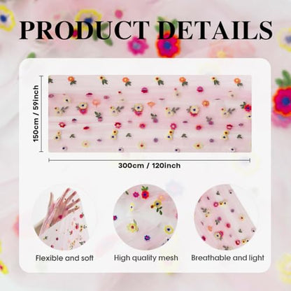 Pink Embroidery Daisy Gauze Table Runner 59x120 Inch - Artoid Mode