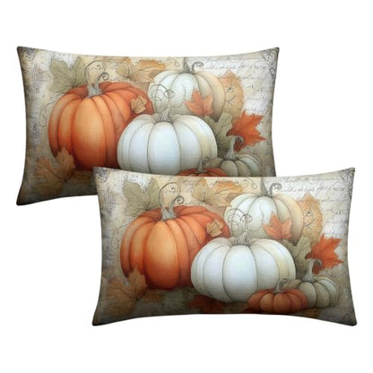 Fall Outdoor Lumbar Pillow Covers 12x20 Set of 2 Orange White Pumpkin Maple Leaves Vintage Autumn Thanksgiving Cushion Case