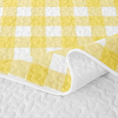 Yellow White Checkered Kids Quilt Set Full Size Plaid Geometric Bedspread for All Seasons - Boys & Girls Bedding