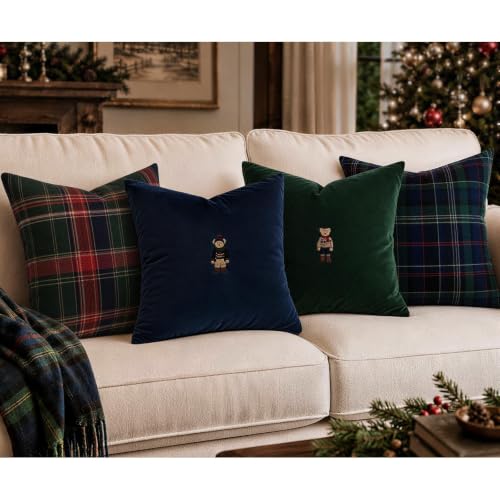 Heritage Christmas Pillow Covers Set of 4 - 18x18 Inches, Velvet & Cotton