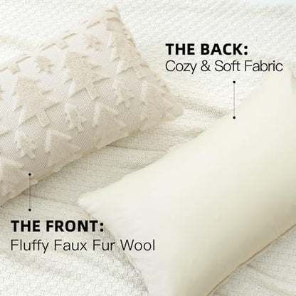 Christmas Throw Pillow Cover 14x36 Inch Faux Fur Wool Tree Design Cream Beige