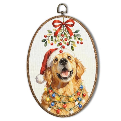 Christmas Golden Retriever Wall Art Decor - Red Bow, 8.5x11.5 Inch - Holiday Dog Wall Hanging - Seasonal Home Decor with Variation: Golden Dog