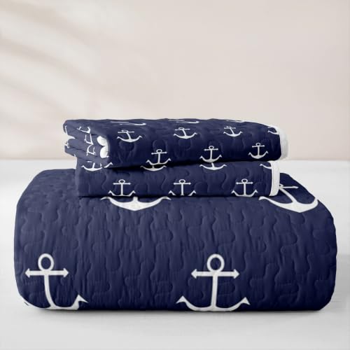 Navy Blue Nautical Anchor Full Quilt Set with Pillow Shams - Ocean Sailboat Microfiber Bedding